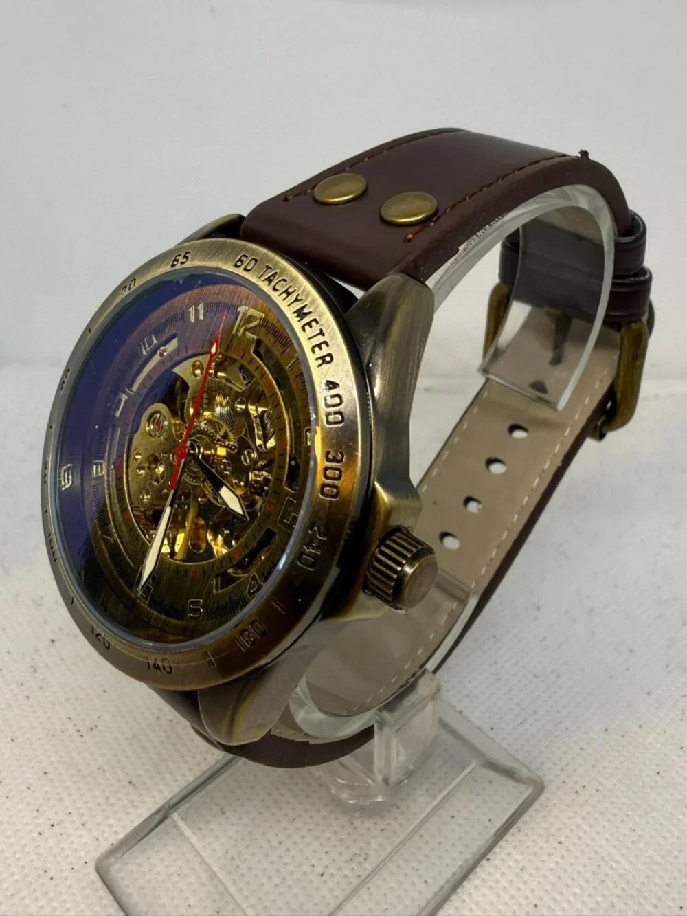 AMPM24 Steampunk Automatic Wind-up Skeleton Watch Bronze Case Brown Leather Band